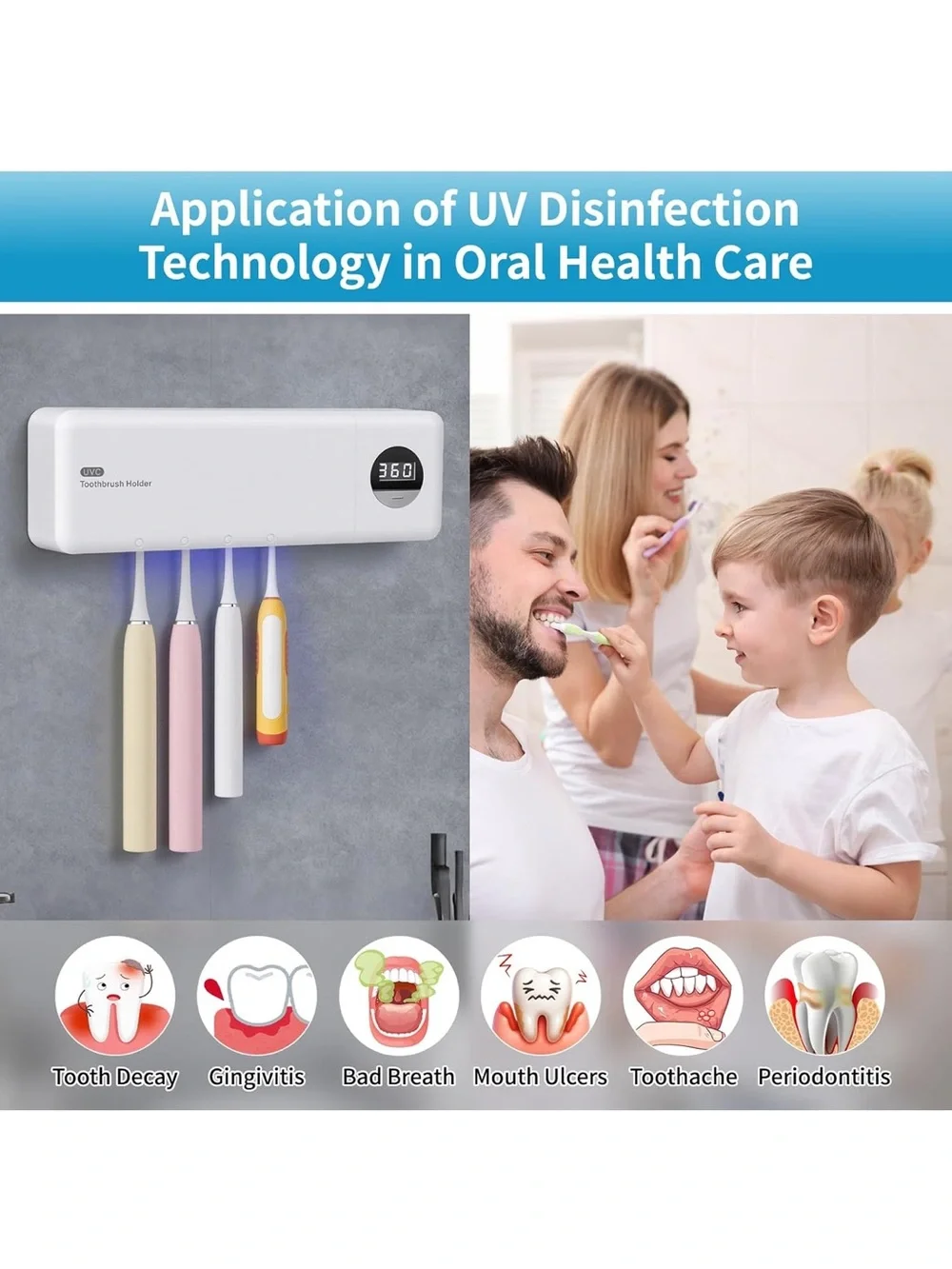 UVC Toothbrush Sanitizer hold with charger and 3 premium toothbrush